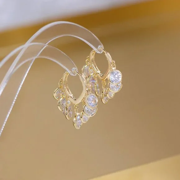 NEW 14K Gold Plated Round Diamond Drop Huggie Hoop Earrings - Picture 6 of 8